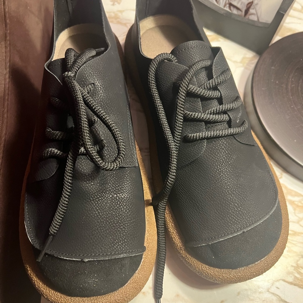 Black Textured Lace-Up Shoes with Tan Soles